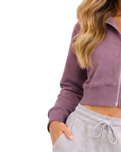 Sudadera con capucha corta con cremallera para mujer, de manga larga, informal, de forro polar suave, estilo urbano, color morado malva, para otoño e invierno - Product Image 5