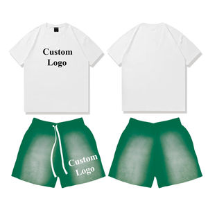 Best Selling Men's Summer Casual Two-Piece Streetwear <b>Set</b> Customized Logo Printing Solid Terry Fabric T-shirt Shorts Breathable - Product Image 6