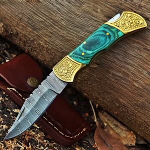 Handmade DIY Industrial Utility Folding Knife Damascus Steel Blade (Straight Edge) 3mm Brass+Wood Handle Drop Point <b>Leather</b> - Product Image 2