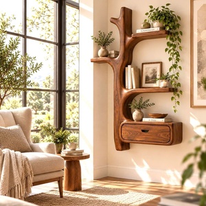 Wooden Contemporary Unique Handmade Wooden <b>Wall</b> Shelf with Multi Shelves and Drawers <b>Bookcase</b> for Home Office Study Room - Product Image 6