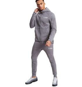 Survêtement d'hiver personnalisé 100% coton pour hommes, vêtement de sport, jogging, couleur grise, avec pochette à fermeture éclair, poche kangourou, survêtement en molleton - Product Image 1