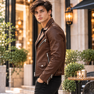 Chaqueta de Cuero Genuino para Hombre, Estilo Motero, Color Marrón, Corte Ajustado, Estilo Vintage Punk Rock, con Cierre, para Motociclismo y Trabajo - Product Image 3