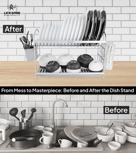 Égouttoir à vaisselle double niveau LIFE SMILE, organiseur de plats de cuisine, aluminium de haute qualité, design moderne et luxueux, montage facile - Product Image 6