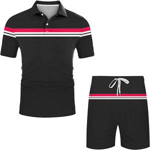 Conjunto Casual de Verano para Hombre, Rayas Blancas y Beige, Pantalones Cortos y Camiseta de Poliéster Tejido con Bloques de Color, Estampado por Sublimación - Product Image 5