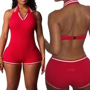 Combinaison moulante à logo personnalisé pour femmes Sexy dos nu licou col en v coton une pièce barboteuse solide vêtements de nuit Shorts fêtes d'été - Product Image 2