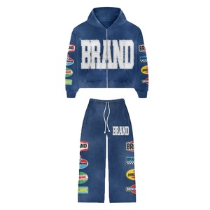 OEM personalizado Unisex desgastado cremallera completa apilado acampanado chándal ácido lavado impreso pantalones de chándal con capucha conjunto de talla grande para el invierno - Product Image 4