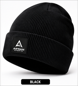 Gorro de Punto Acrílico Negro con Nervaduras, para Clima Frío, con Parche de Goma en Relieve, Unisex, para Adultos, para Actividades al Aire Libre - Product Image 1