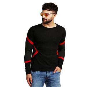 T-shirt à manches longues noir pour homme avec bordure contrastée rouge, coupe ajustée, col rond, haut tricoté décontracté - Product Image 1