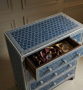 Blue Bone Inlay Solid Mango Three Drawer <b>Storage</b> Cabinet <b>Sideboard</b> Agate Detail Dresser Modern Bedroom Dining Living Room - Product Image 5