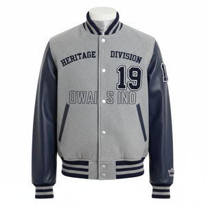 Veste varsity grise pour homme Owais Ind avec manches en cuir PU, logo brodé sur le devant, vêtement d'automne - Product Image 1