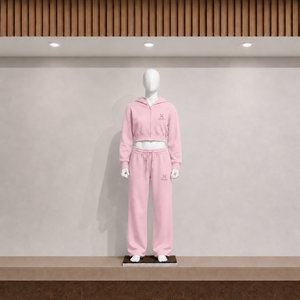 Ensemble sweat-shirt court à capuche rose pour femme, en molleton 100% coton, avec fermeture éclair, manches longues, pantalon long, couleur unie, brodé, coupe classique - Product Image 1