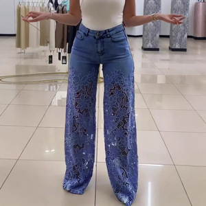 Jean Y2K à fleurs en dentelle ajourées, taille haute, coupe droite, jambe large, couleur unie, pantalon pour femme - Product Image 4