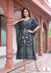 HitJem Export - Vestido Largo de Moda para Mujer, Estampado Azul, Cuello en V, Manga Larga, Estilo Kaftan - Product Image 3