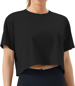 Women's Black <b>Crop</b> <b>Top</b> Crew Neck Short Sleeve Solid Color Loose Fit Oversized Knitted T-Shirt Spring Summer Breathable - Product Image 1