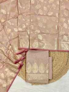 Conjunto de Traje de Seda Semi-Kataan Banarasi Hecho a Mano para Mujer, Ropa Étnica India, Corte Regular, Textura Lujosa, Tradicional para Fiestas - Product Image 4