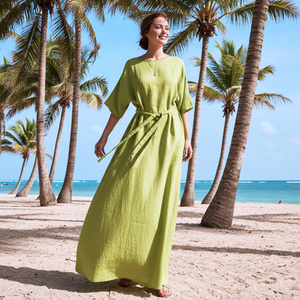 Robe midi trapèze à manches courtes et col en V, avec fente latérale, grande taille, en coton, avec nœud fait main, respirante, style vintage, taille haute, décontractée, coupe ample - Product Image 1