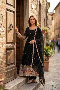 Robe de soirée ethnique indienne pour femme, en Georgette brodée, avec sequins et travail Dori, longueur ras du sol, infroissable - Product Image 2