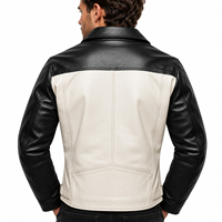 Blouson moto en cuir véritable noir et crème pour homme, col rabattu, fermeture éclair, coupe ajustée, manches classiques, couleur unie, automne