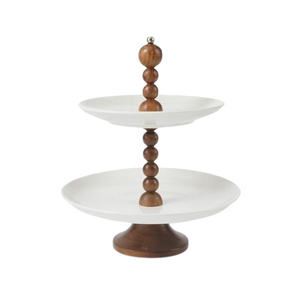 Two Tier <b>Cake</b> <b>Stand</b> White Ceramic with Wooden Base Multi Layer Display <b>Stand</b> for Cupcakes and Desserts - Product Image 3