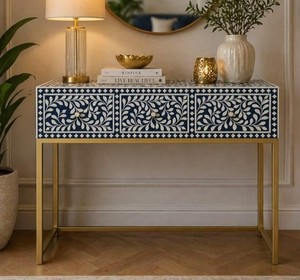 Designer Bone Inlay <b>Console</b> <b>Table</b> with 3 Drawers Moroccan Entryway Hallway Accent <b>Table</b> Metal Base Modern Wholesale Furniture - Product Image 6