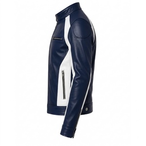 Veste en cuir pour homme bleu marine et blanc avec blocs de couleur, col montant et fermeture éclair - Product Image 3