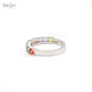 Anillo de Media Eternidad para Mujer, Diseño Artesanal, Oro Blanco Sólido de 14k, con Múltiples Zafiros Naturales Cuadrados de 3mm, Clásico, Talla US-7 - Product Image 2