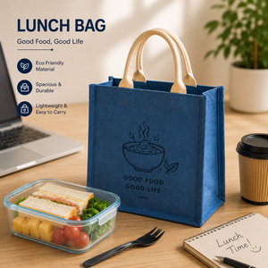 Bolsa de Almuerzo Azul de Yute, Ecológica, Duradera, Espaciosa, Ligera, para Oficina, con Estampado 'Good Food Good Life' - Product Image 1