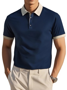 Chemises décontractées légères pour hommes Tops d'été à manches courtes Col contrasté Couleurs unies Beige/Marine Tissu respirant et col classique BD - Product Image 3