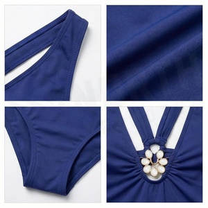 Traje de Baño de Una Pieza con Escote Profundo en V para Mujer, con Decoración de Perlas, Frente Fruncido, Color Azul Sólido, Elástico - Product Image 4