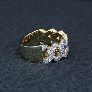 Iced Out Cuban Link Band <b>Ring</b> 14k Yellow Gold Pave Curb Chain <b>Ring</b> Lab Diamond Unisex Wedding <b>Statement</b> <b>Ring</b> - Product Image 3
