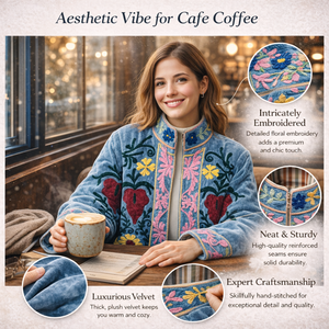 Chaqueta Bomber Bordada en Terciopelo Azul Hecha a Mano para Mujer, Mangas Largas, Cuello Alto, Abrigo de Invierno con Bolsillos - Product Image 6