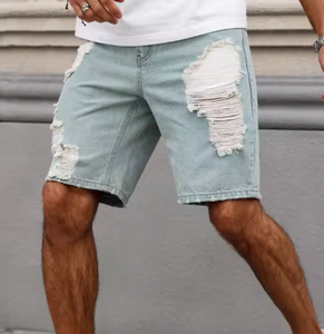 Shorts en jean déchiré bleu clair pour homme, style décontracté d'été, coupe droite ample, streetwear - Product Image 2
