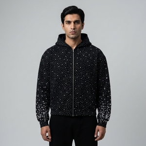 Men <b>Black</b> Rhinestone Hoodie Full Zip Rhinestones Hooded Sweatshirt <b>Jacket</b> <b>Sparkly</b> Custom Wholesale OEM Streetwear - Product Image 2