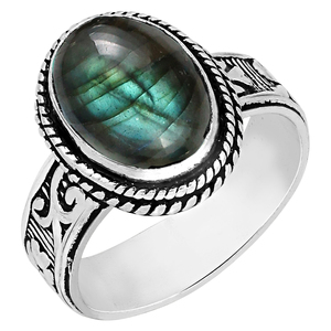 Bague Gourik Vintage en Argent Sterling 925 avec Labradorite Ovale, Style Bohème du Sud-Ouest, Sertie en clos, pour usage quotidien, finition oxydée - Product Image 1