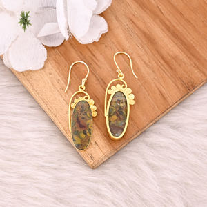 Boucles d'oreilles plaquées or jaune, pierres précieuses jaspe fruit, style bohème tendance, vente en gros, fabricant - Product Image 4