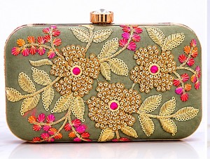 Elegant Olive Green Embroidered Floral Clutch With <b>Sequins</b> Women's Silk Evening <b>Handbag</b> Magnetic Closure - Product Image 2