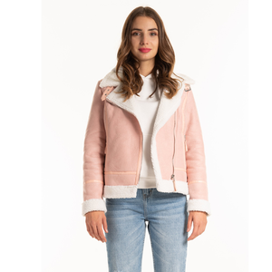Women's Pink Faux Leather Bomber Jacket With <b>Fur</b> <b>Trim</b> Collar And Cuffs Winter Thick Windproof Coat - Product Image 1