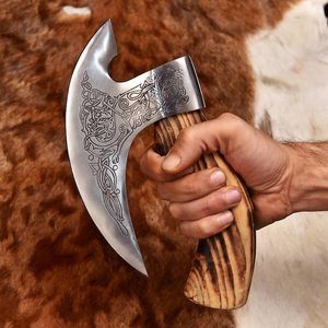 Hacha Tomahawk con hoja de acero forjado, cortador de pizza, hacha de supervivencia con mango de madera de fresno, cabeza con diseño decorativo. - Product Image 2