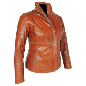 Vestes en cuir pour femmes en peau de mouton véritable à col haut, marron foncé, faites à la main - Product Image 6