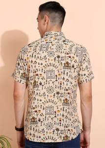Camisa de Algodón Off-White para Hombre con Estampado Warli, Corte Regular, Diseño Internacional, Estilo Casual de Verano con Cuello y Mangas Cortas - Product Image 3