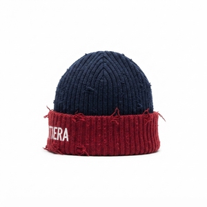 Custom <b>Navy</b> Red Rib Knit Cuffed Beanie <b>Hat</b> Winter Warm Skull Cap With Embroidered Logo - Product Image 4