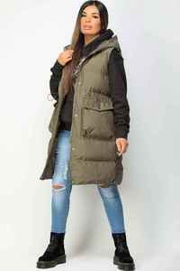 Gilet long matelassé à capuche pour femme, couleur unie, vêtement d'hiver, rembourrage en polyester, fermeture éclair épaisse, poches - Product Image 3