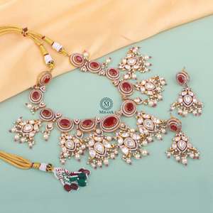Sundari Gold Plated Zircon Ruby Polki Designer <b>Bridal</b> <b>Necklace</b> & <b>Earring</b> <b>Set</b> - Product Image 1
