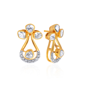 Boucles d'oreilles pendantes florales en or jaune 18 carats avec diamants Polki taillés rondes, inspirées de la nature, bijoux fins - Product Image 2