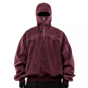 Sudadera con capucha de punto para hombre, estilo ninja, con cremallera de un cuarto, lavado ácido, vintage, hombros caídos, venta al por mayor - Product Image 6