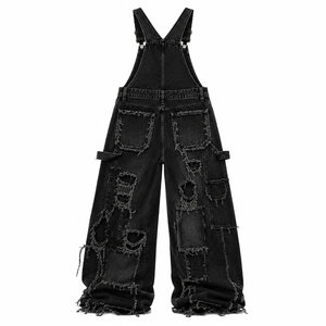 Custom Printed Women's Black Denim Overalls Loose Fit Full Length Ripped <b>Pockets</b> Punk Wide Leg Style Street Wear - Product Image 2