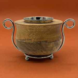 Elegant Wooden Bowl Incense Burner Featuring Curved <b>Silver</b> <b>Wire</b> Side Handles With A Matching Footed Base Metal Dish Insert - Product Image 1