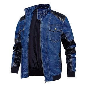 แจ็คเก็ตยีนส์วินเทจผู้ชาย แจ็คเก็ตยีนส์ทรงคลาสสิค แต่งหนังแบบ Patchwork ดีไซน์หลายกระเป๋า สไตล์ลำลองย้อนยุค ทนทาน - Product Image 4