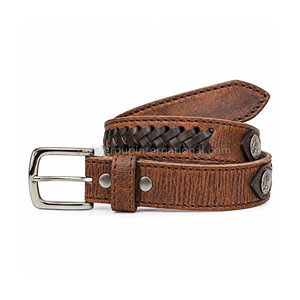 Cinturón de Cuero Granulado Marrón Desgastado Estilo Western Premium para Hombre y Mujer con Cordones de Cuero Trenzado Negro y Conchos Plateados - Product Image 1