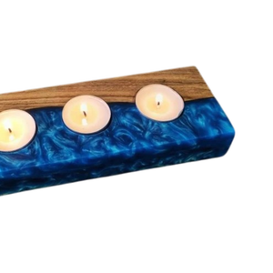 Porte-bougie carré en bois fait main, écologique, avec incrustation de résine bleue, pour trois bougies chauffe-plat, décoration aromatique, anniversaire, Noël - Product Image 2